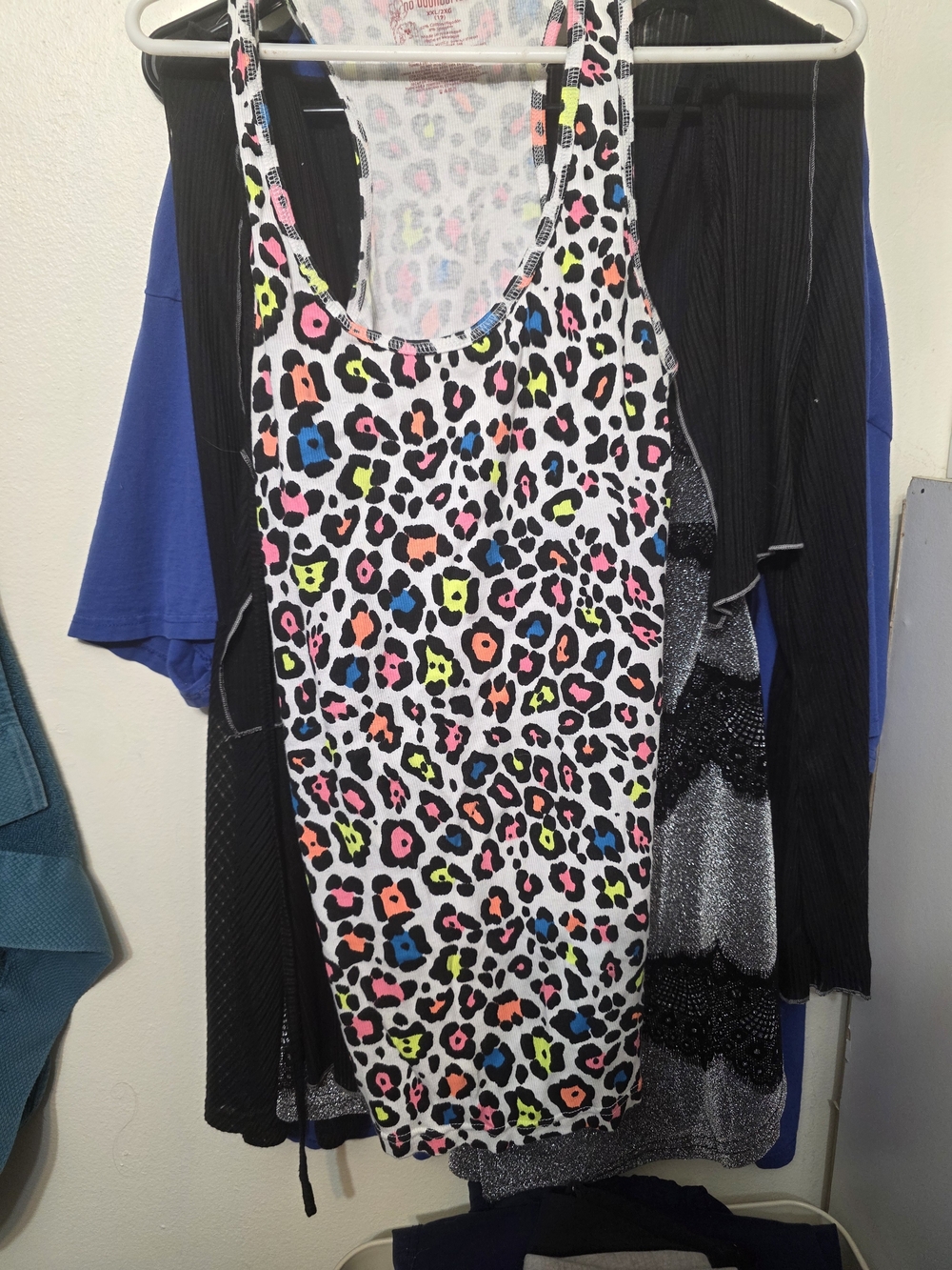 No Boundaries Neon Leopard Print Racerback Tank - White with Multicolor Spots